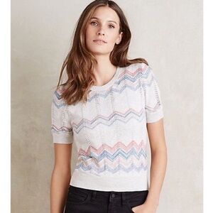 Anthropologie Moth Pointelle Chevron Eyelet Knit Short Sleeved Pullover Sweater